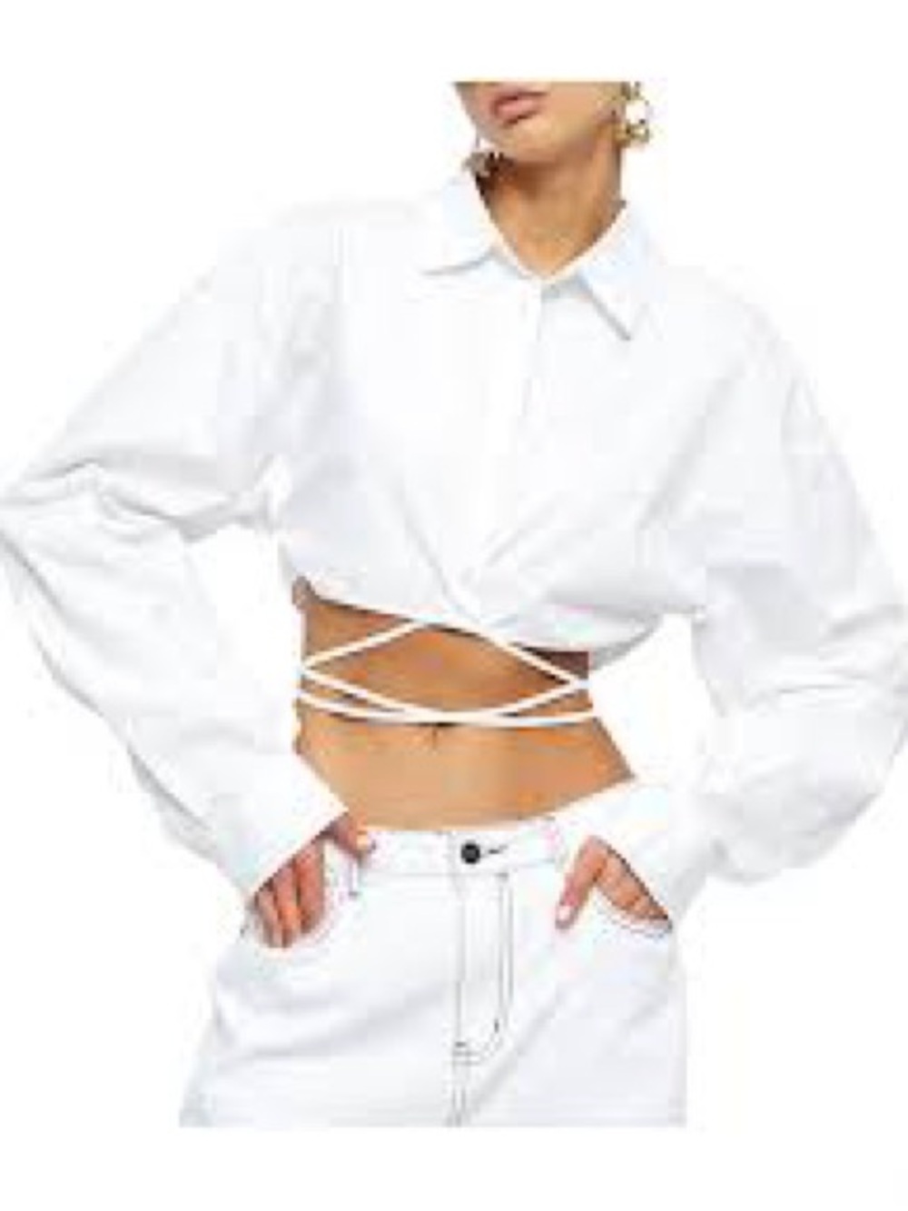 Lioness White Cropped Button-Up Shirt with Drawstring - Picture 1 of 3